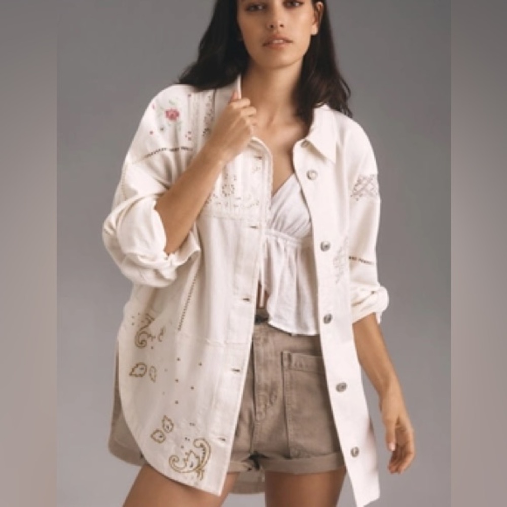 NWT Anthropologie Reworked Embroidered Shirt Jacket Medium